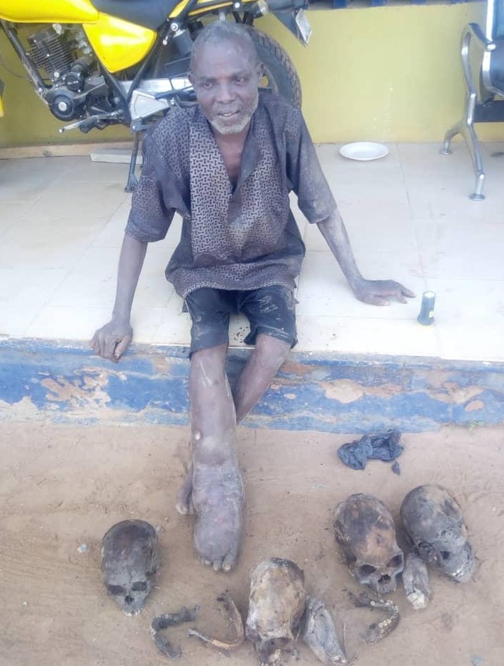 55 years old man arrested with four human skulls, other parts