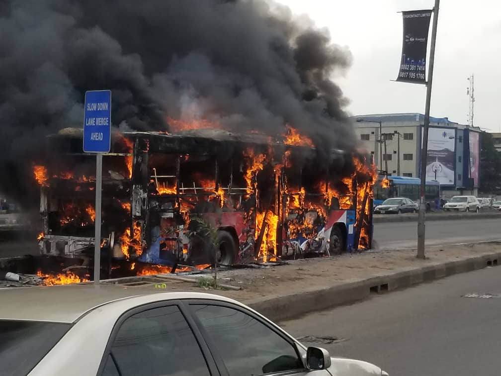 BRT bus with 45 passengers catches fire in Lagos