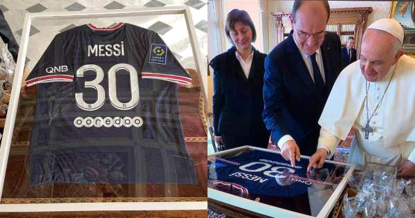 Pope Francis receives PSG shirt from Messi