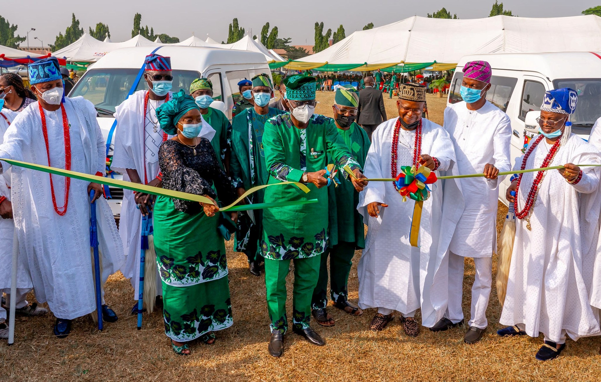 PIX 3904 from third left: First Lady of Lagos State, Dr. Ibijoke Sanwo-Olu; Governor, Mr. Babajide Sanwo-Olu; Commissioner for Local Government and Community Affairs, Dr. Wale Ahmed; Oba of Ilu-Oregun, Oba Akingbola Ikudoro; chief of Staff to the Governor, Mr. Tayo Ayinde and Ayangburen of Ikorodu, Oba Kabiru Shotobi and other traditional rulers, during the Y2021 Community Day celebration at the Police College Parade Ground, Ikeja, on Tuesday, December 21, 2021.