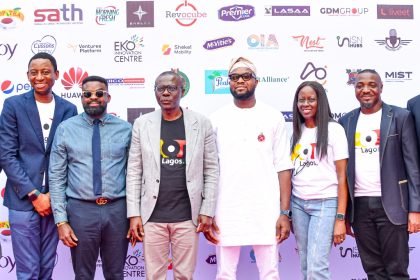 L-R: Commissioner for Innovation, Science & Technology, Mr. Tunbosun Alake; Nollywood Filmmaker, Mr. Kunle Afolayan; Governor of Lagos State, Mr. Babajide Sanwo-Olu; Minister of Communications, Innovation & Digital Economy, Mr. Bosun Tijani; Permanent Secretary, Ministry of Innovation, Science and Technology, Engr. (Mrs) Ibilola Kasunmu and Founder, Eko Innovation Center, Mr. Victor Afolabi during the opening ceremony of the Art of Technology (A.O.T) Lagos 5.0 with the theme: The Creative Economy and a Digital Lagos, at the Landmark Event Centre, Victoria Island, on Thursday, 07 December 2023.