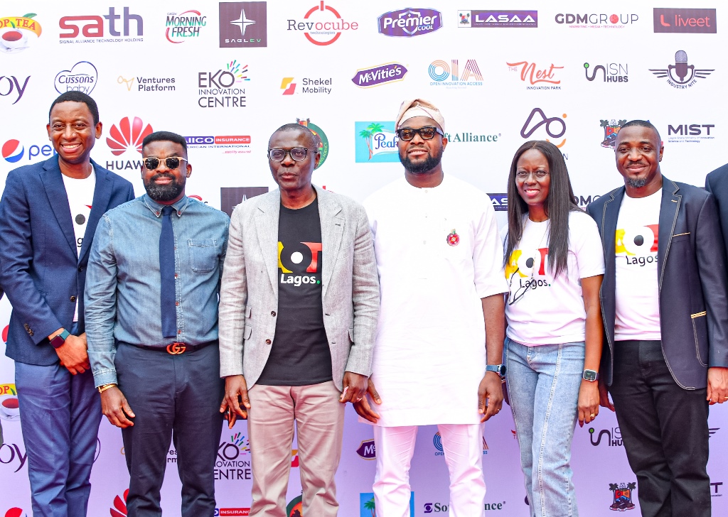 L-R: Commissioner for Innovation, Science & Technology, Mr. Tunbosun Alake; Nollywood Filmmaker, Mr. Kunle Afolayan; Governor of Lagos State, Mr. Babajide Sanwo-Olu; Minister of Communications, Innovation & Digital Economy, Mr. Bosun Tijani; Permanent Secretary, Ministry of Innovation, Science and Technology, Engr. (Mrs) Ibilola Kasunmu and Founder, Eko Innovation Center, Mr. Victor Afolabi during the opening ceremony of the Art of Technology (A.O.T) Lagos 5.0 with the theme: The Creative Economy and a Digital Lagos, at the Landmark Event Centre, Victoria Island, on Thursday, 07 December 2023.