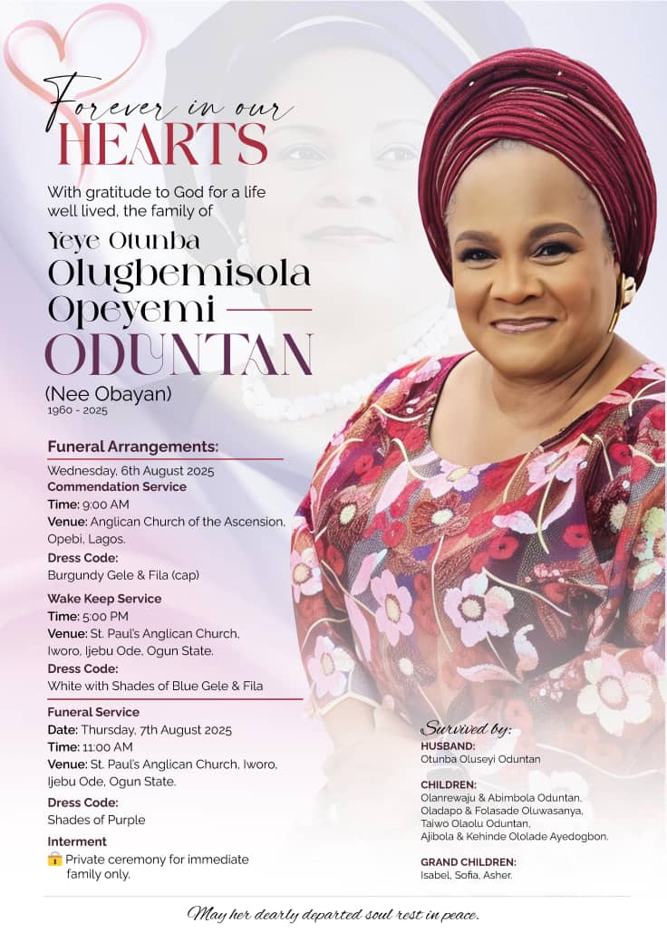 Olugbemisola Oduntan: Burial programme begins today