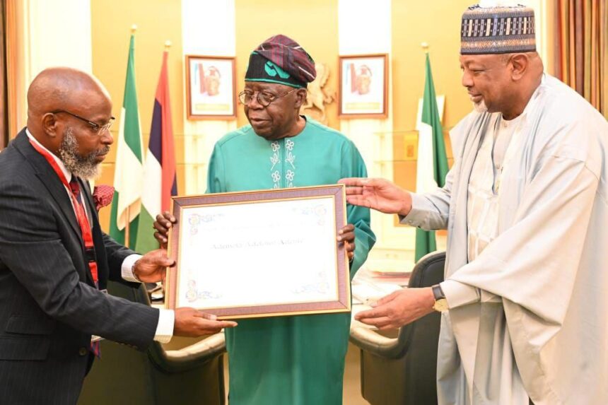 Tinubu receives Ademola Adenle, winner of Swaminathan award