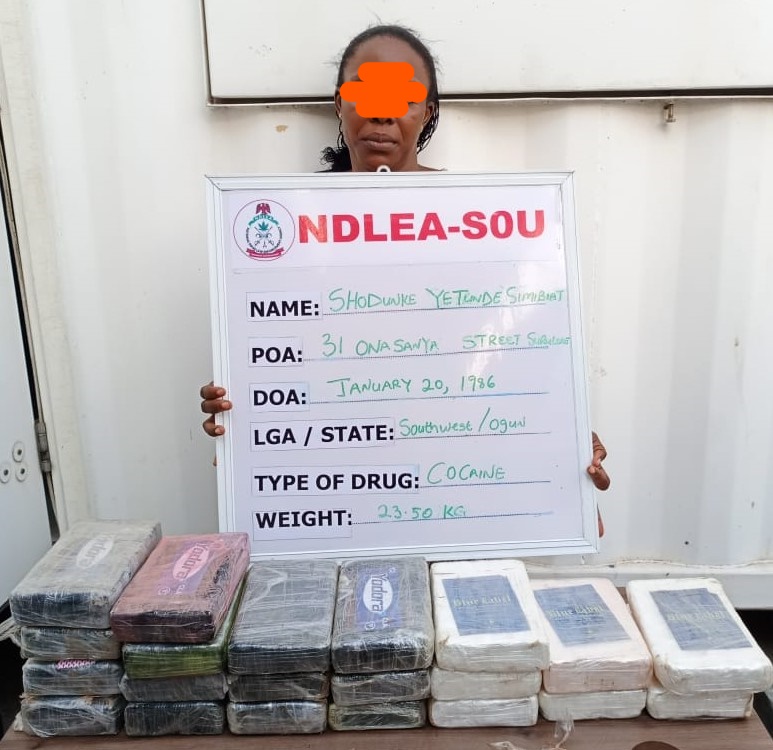 Female drug kingpin arrested in Lagos with 23.50kg cocaine