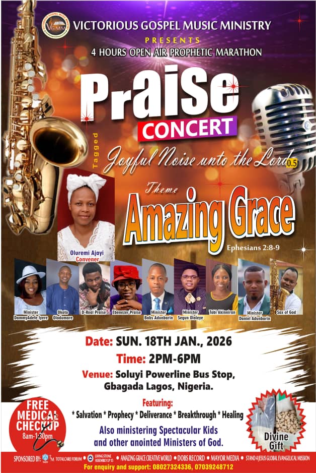 Praise Concert by Victorious Gospel Ministry holds Jan 18 in Lagos